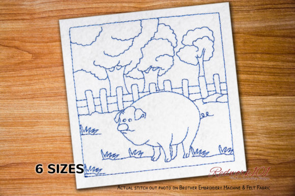 Pig Standing in Field: A Charming Redwork Design