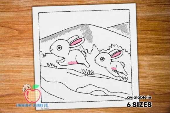 Two Bunnies Running on Grass: A Charming Easter Embroidery